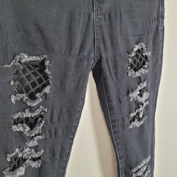 Killstar Trash Talk Skinny Jeans O-Ring Fishnet Distressed Goth Black Size XS - Picture 9 of 15